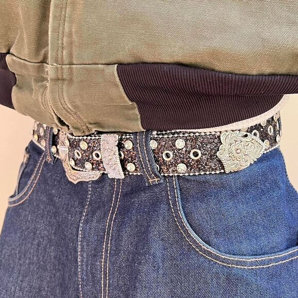 black rhinestone studded american western cowboy boho belt - Picture 5 of 7